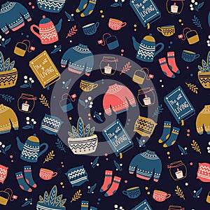 Seamless pattern with hygge concept items. Colorful illustration design. Scandinavian folk motives. Cozy atmosphere at home.