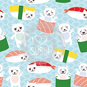 Seamless pattern. I love sushi. Kawaii funny Sushi set and white cute cat with pink cheeks and eyes, emoji. Baby blue background w