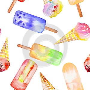 Seamless pattern with the ice cream cone, frozen juice lolly, hand drawn in a watercolor on a white background