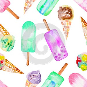 Seamless pattern with the ice cream cone, frozen juice lolly, hand drawn in a watercolor on a white background