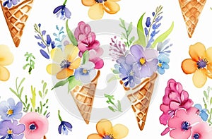 Seamless pattern of ice cream cones filled with flowers on a white background