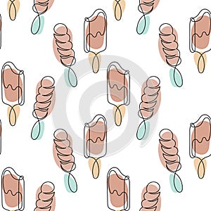 Seamless pattern, ice cream of different types, black contour with colored spots in pastel colors. Print, textile