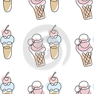 Seamless pattern, ice cream of different types, black contour with colored spots in pastel colors. Print, textile