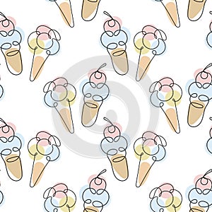 Seamless pattern, ice cream of different types, black contour with colored spots in pastel colors. Print, textile