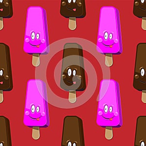 Seamless pattern ice cream face smile chocolate vanilla on red background vector image