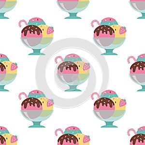 Seamless pattern with ice cream. Gelato with different flavors, garnished with sprinkles and topping. Balls of different ice-cream