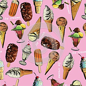 seamless pattern ice cream. Hand drawn dessert background. Swee