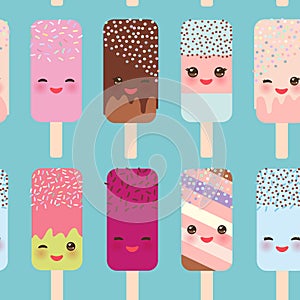 Seamless pattern ice cream, ice lolly Kawaii with pink cheeks and winking eyes