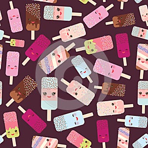 Seamless pattern ice cream, ice lolly Kawaii with pink cheeks and winking eyes, pastel colors on dark brown background. Vector
