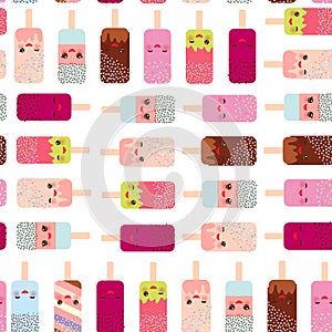 Seamless pattern ice cream, ice lolly Kawaii with pink cheeks and winking eyes, pastel colors on white background. Vector