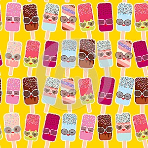 Seamless pattern ice cream, ice lolly Kawaii with pink cheeks and winking eyes, sunglasses, pastel colors on yellow orange backgr