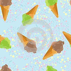 Seamless pattern with ice cream in a waffle cone