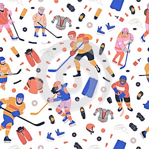 Seamless pattern with ice hockey equipment and happy  kids