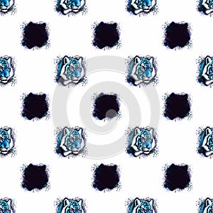 Seamless pattern with ice tiger muzzles with elements and splashes