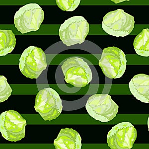 Seamless pattern iceberg salad on stripes background. Ornament with lettuce