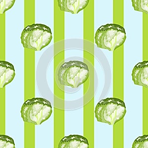 Seamless pattern iceberg salad on stripes background. Simple ornament with lettuce