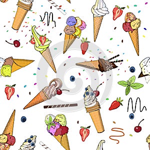 Seamless pattern with icecreams, buns and donuts