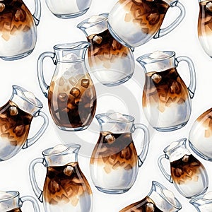 Seamless Pattern of Iced Coffee Pitchers and Glasses with Creamy Layers