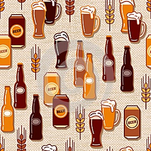 Seamless pattern with icons of beer bottle, cans