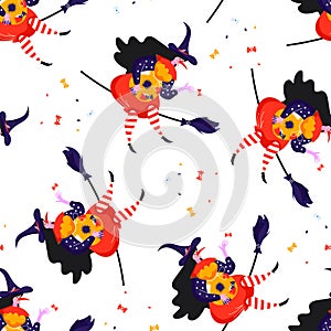Seamless pattern with icons of Befana. Background and cute witch.