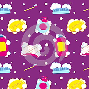 Seamless pattern with icons of washcloths, soap, shampoo and toothbrush.