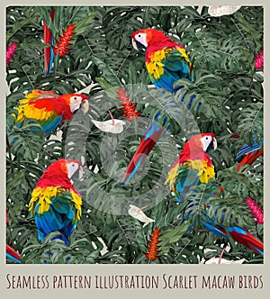Seamless pattern illustration Amazon scarlet macaw birds and leaves
