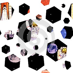 Seamless pattern illustration with austonaut,space,planet,spaceship and stars in hexagons