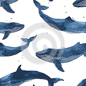 Seamless Pattern illustration capturing a group of majestic whales swimming harmoniously in their natural habitat, watercolor