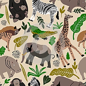 Seamless pattern illustration of cute wild safari African animals. Including giraffe, elephant, hyena, crocodile, hippo