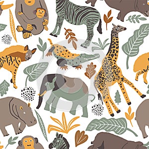 Seamless pattern illustration of cute wild safari African animals. Including giraffe, elephant, hyena, crocodile, hippo