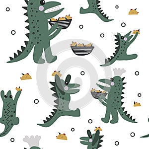 Seamless pattern illustration family of dinosaur with tacos on the white background