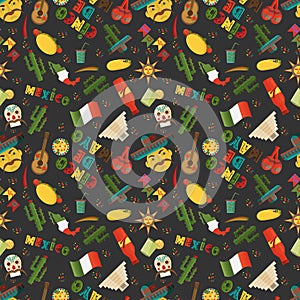 seamless pattern illustration in flat style on isolated background Mexican elements black background