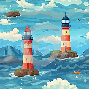 Seamless pattern illustration with see marine theme and lighthouse, background