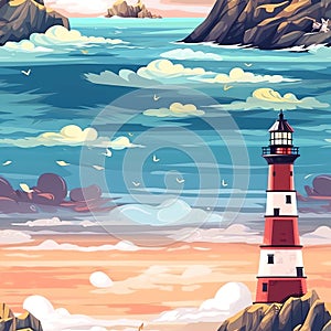 Seamless pattern illustration with see marine theme and lighthouse, background