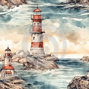 Seamless pattern illustration with see marine theme and lighthouse, background