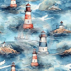 Seamless pattern illustration with see marine theme and lighthouse, background