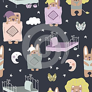 Seamless pattern illustration sleeping animals, moon, stars, slippers and bed