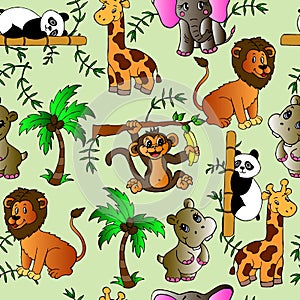 seamless pattern, illustration on the theme of Africa, palm trees, elephant, lion, monkey, runaway, giraffe