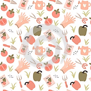 seamless pattern illustration with tomatoes, gardening tools, peppers, watering can, vegetable seeds, gloves and grass