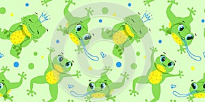 Seamless pattern with illustrations. Cute little Green Frog Smiles, Jumps, Hunts insects, dreams