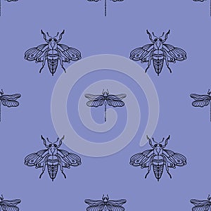 Seamless pattern with the image of butterflies, dragonflies, insects