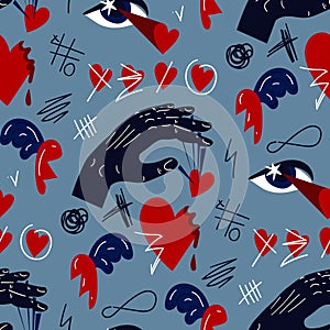 Seamless pattern with the image of the elements of the heartthrob. Hand manipulating, eyes shooting hearts, crossed out