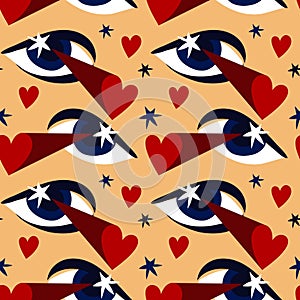 Seamless pattern with the image of the elements of the heartthrob. Manipulating, shooting eyes at hearts in different