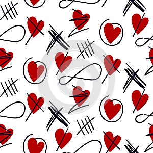 Seamless pattern with the image of the elements of the heartthrob. Search for hearts and crossed out past loves