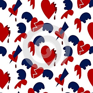 Seamless pattern with the image of the elements of the heartthrob. The search for new halves, hearts with wings, the