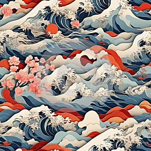 seamless pattern image of giant waves in japanese graphic style for use as texture for packaging, fabric, wallpaper, clothing