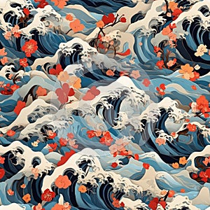 seamless pattern image of giant waves in japanese graphic style for use as texture for packaging, fabric, wallpaper, clothing