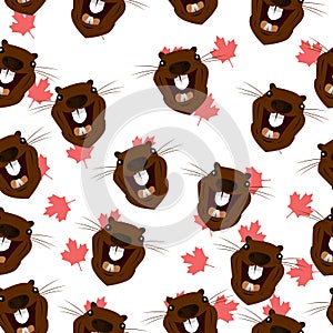 Seamless pattern with the image of the head of a beaver on the background of maple leaves