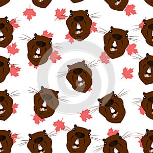 Seamless pattern with the image of the head of a beaver on the background of maple leaves