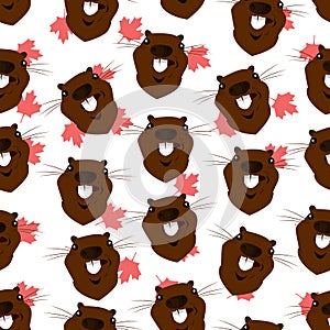 Seamless pattern with the image of the head of a beaver on the background of maple leaves
